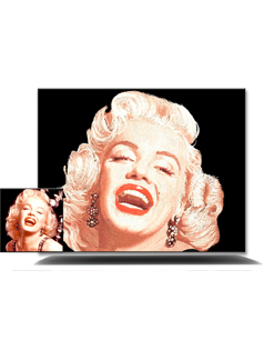 Embroidered portrait of Marilyn Monroe next to the original photo